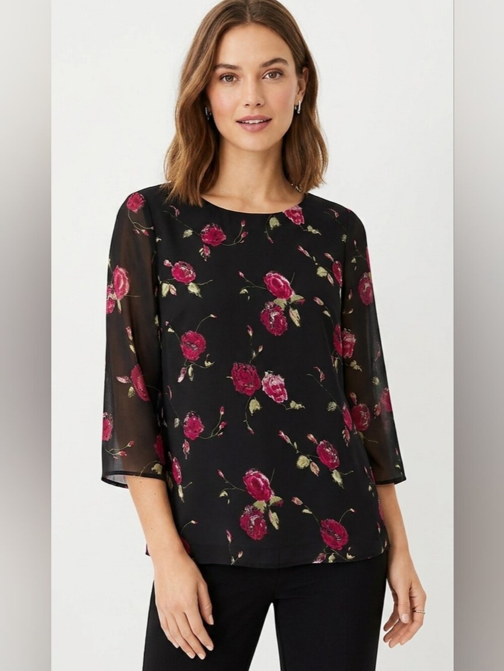 Leslie Fay Black Blouse with Pink Rose Print Size 16
